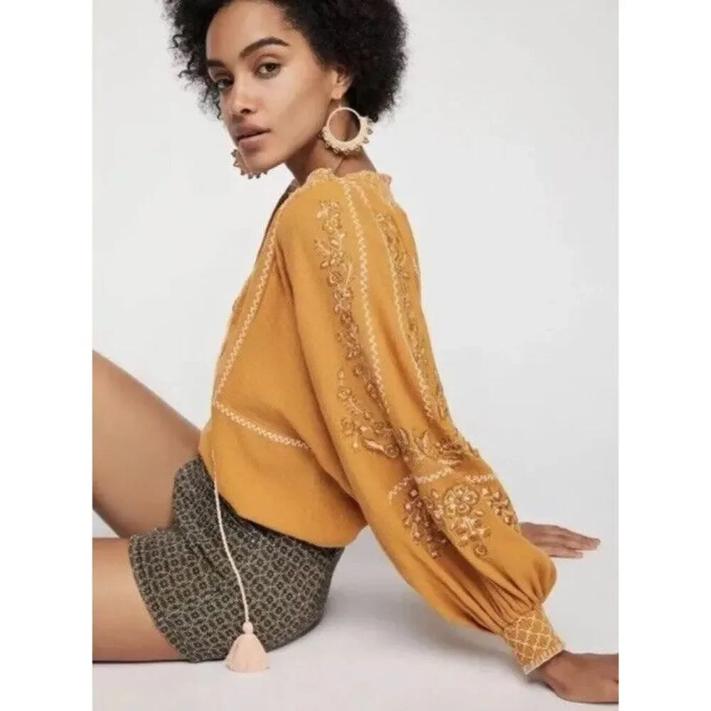 Free People Notting Hill Embroidered Peasant‎ Top Sz S - Mustard Yellow $168